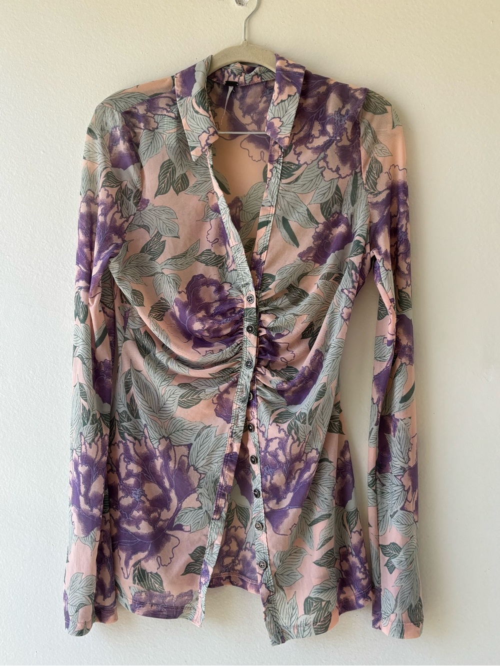 Free People Floral Ruched Button-Front Long Sleeve Top - Pink & Purple